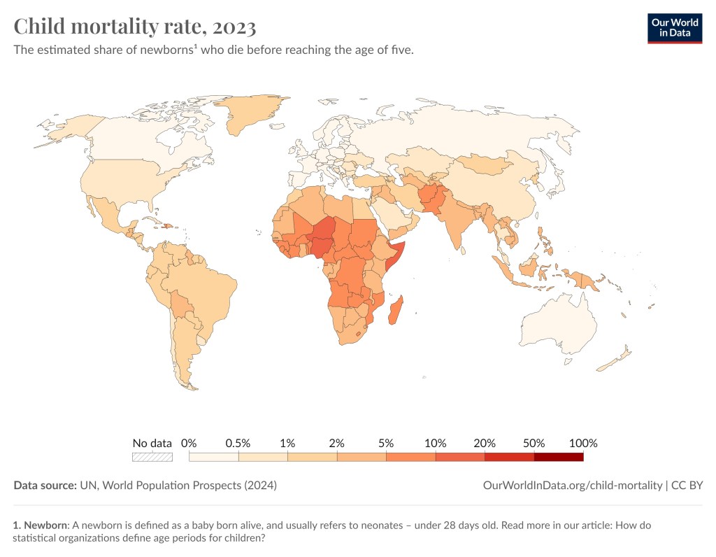 This graph is a world map showing the child mortality rate in different countries as indicated by colors. Niger has the highest child mortality rate of 11.6% and Iceland the lowest at 0.2%.