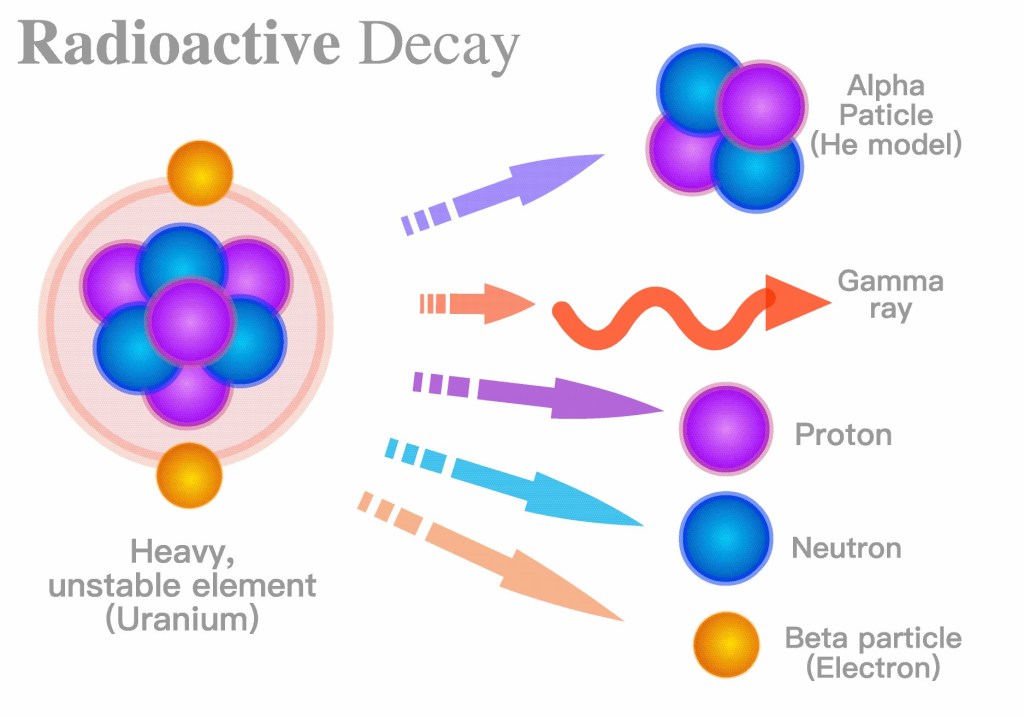 The image shows a Uranium atom on the left arrows in the middle and an alpha particle, a gamma ray, a proton, a neutron, and an electron on the right | Radon Represents our Largest Exposure to Ionizing Radiation