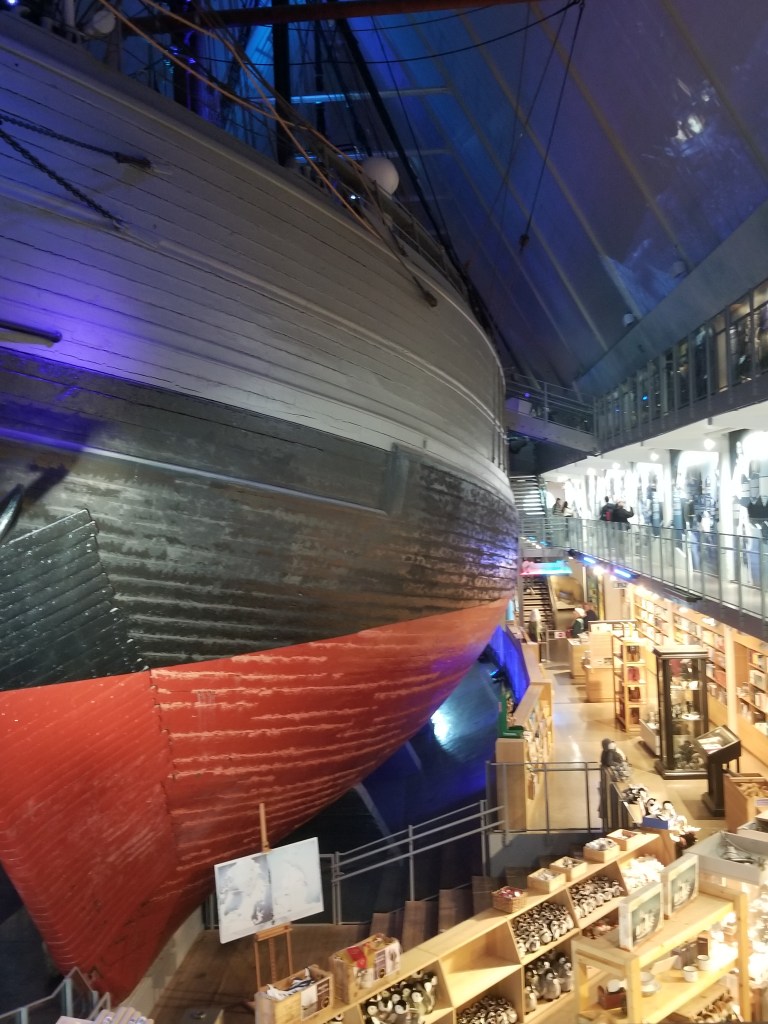 A side view of the ship Fram, the Norwegian ship used for Polar expeditions. It is fairly large | Tourism in Scandinavia on World Tourism Day