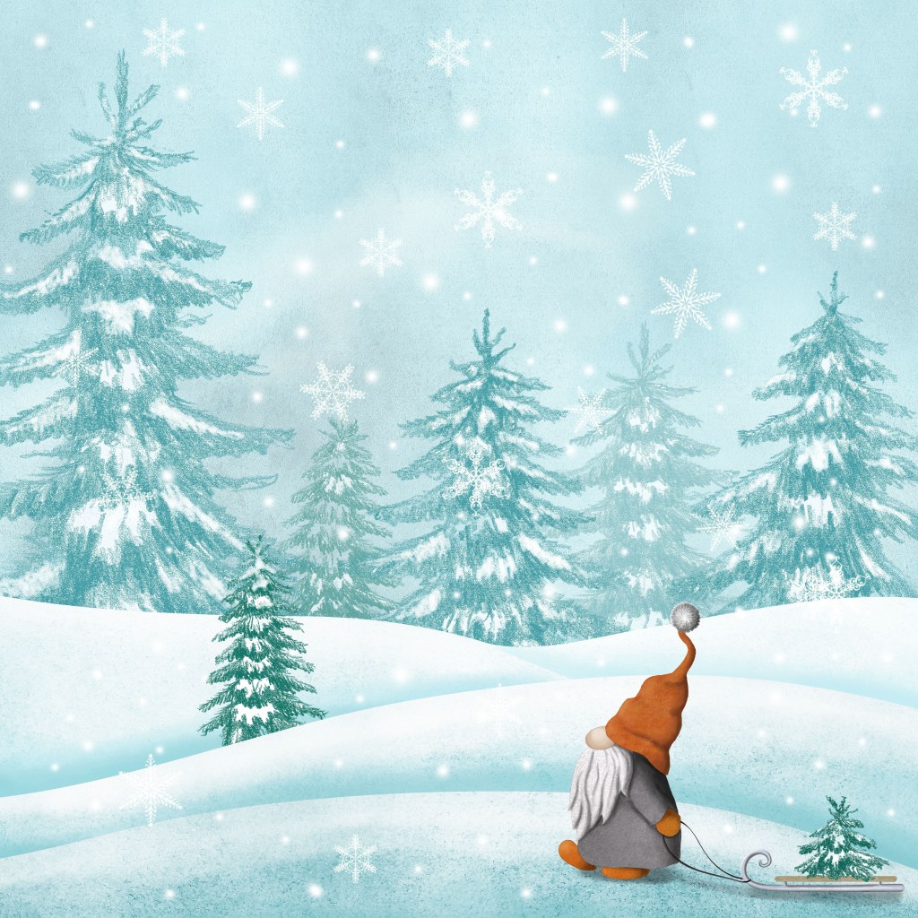 A tomte wearing a red hat in a snowy winter forest | Scandinavian Folklore