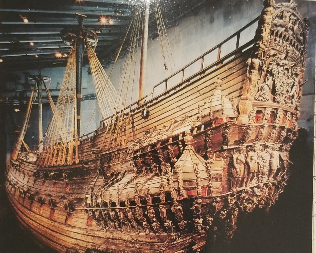A photo of the Vasa ship taken from the side at the Vasa Museum Stockholm.