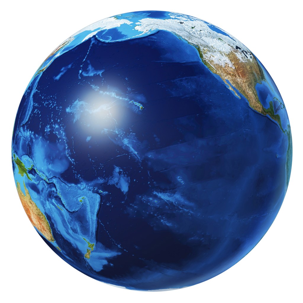 Earth globe photorealistic 3d illustration, on white background. Pacific Ocean view. Clipping path included. Without clouds.