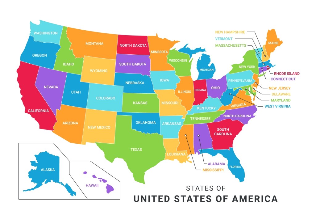 The map of the states in the United States are shown in various colors. It should be noted that some states are quite large and some quite small | United States, Europe and the Pacific Ocean Are Bigger Than You Might Think