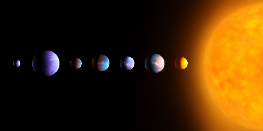 A bright star on the right and from right to left there are seven exoplanets | The Strange Worlds of Exoplanets
