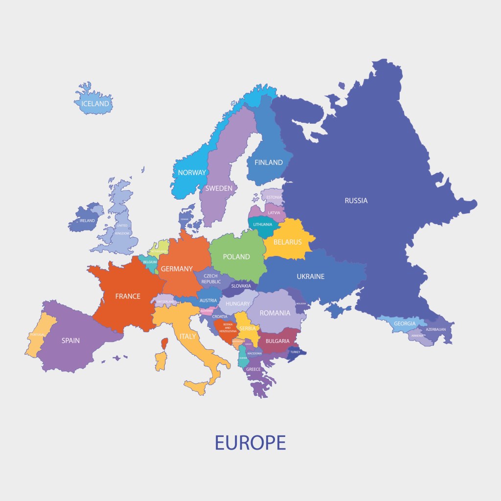 A to scale map of Europe with the countries having different colors. It should be noted that some countries are quite large and some quite small | United States, Europe and the Pacific Ocean Are Bigger Than You Might Think