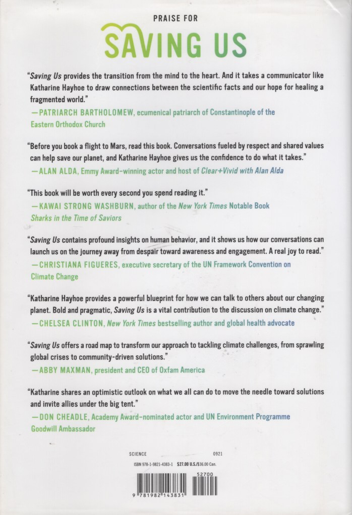 Back cover of “Saving Us: A Climate Scientist's Case for Hope and Healing in a Divided World” by Katharine Hayhoe