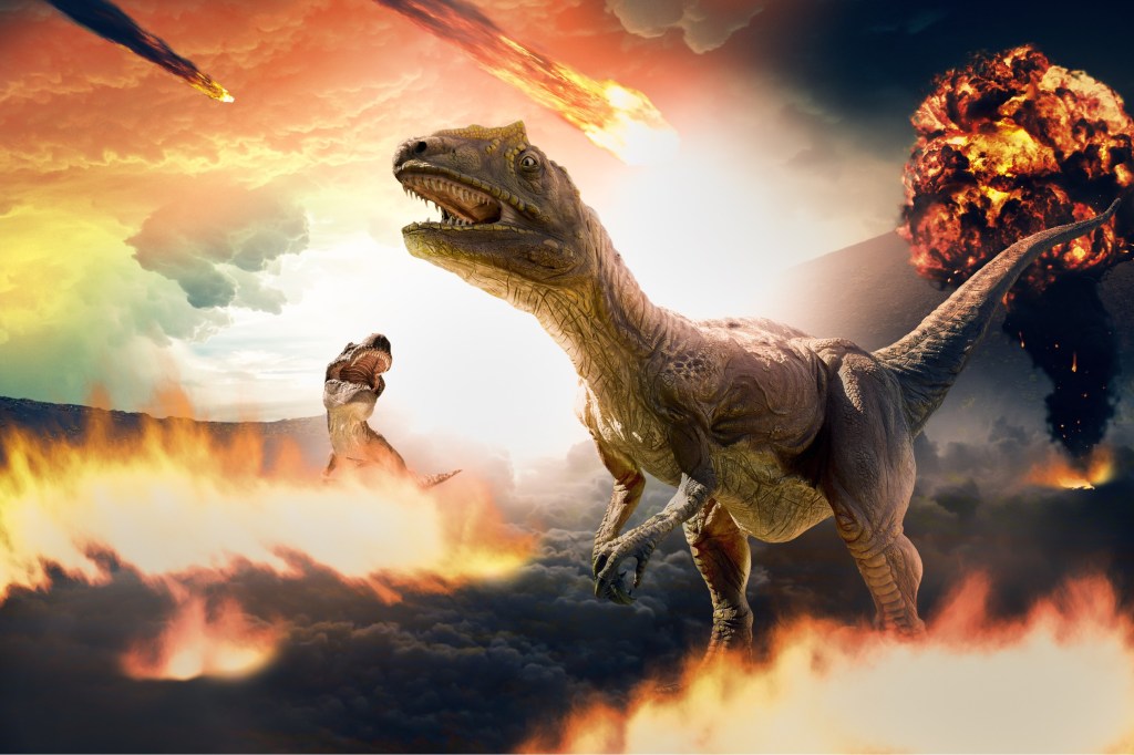 Two carnivorous dinosaurs and a flaming hot asteroid crashing through the atmosphere in the background.