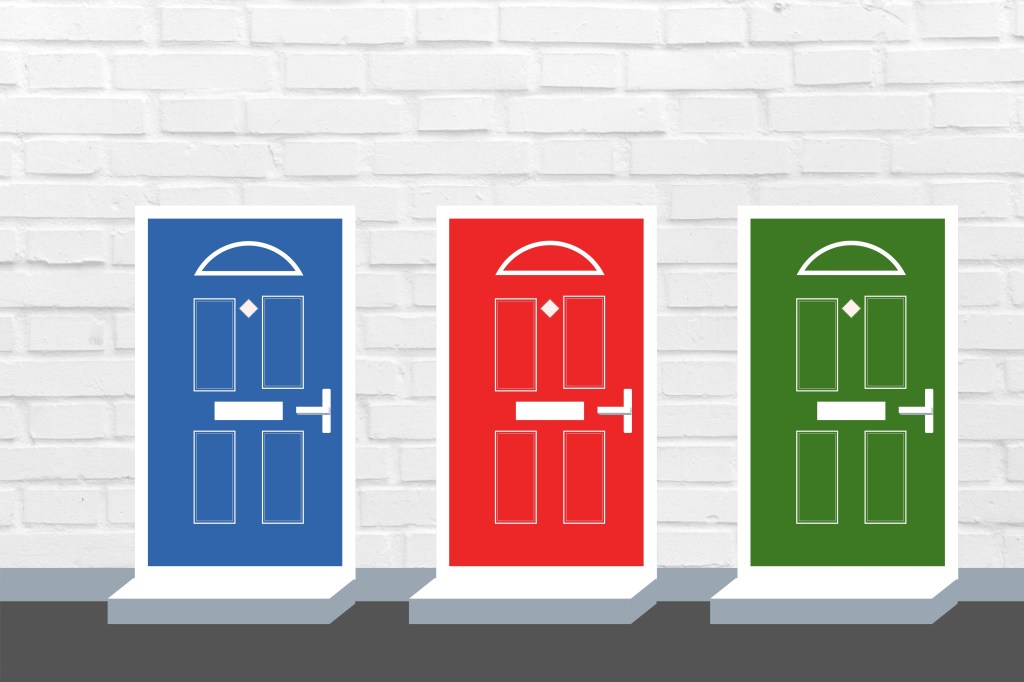 There is a blue door on the left, a red door in the middle, and a green door on the right | The Surprising Monty Hall Problem
