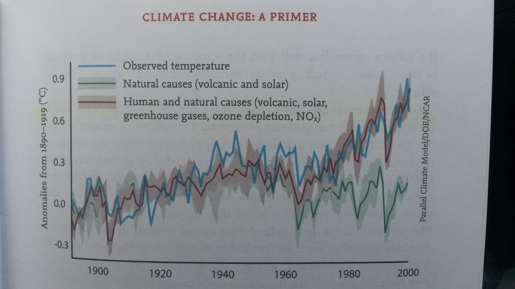 Graph showing possible causes for the observed temperature (blue), natural causes (volcanic, solar), human and natural causes (volcanic, solar, greenhouse gases, NO2, ozone depletion).