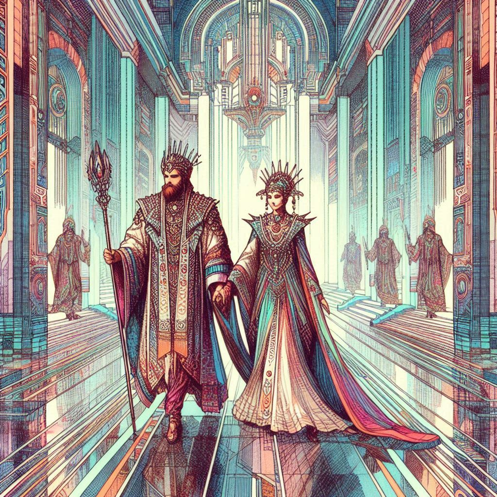 A bearded king and his queen are marching down the middle of beautiful large building, perhaps a cathedral or a castle | Gustav Vasa