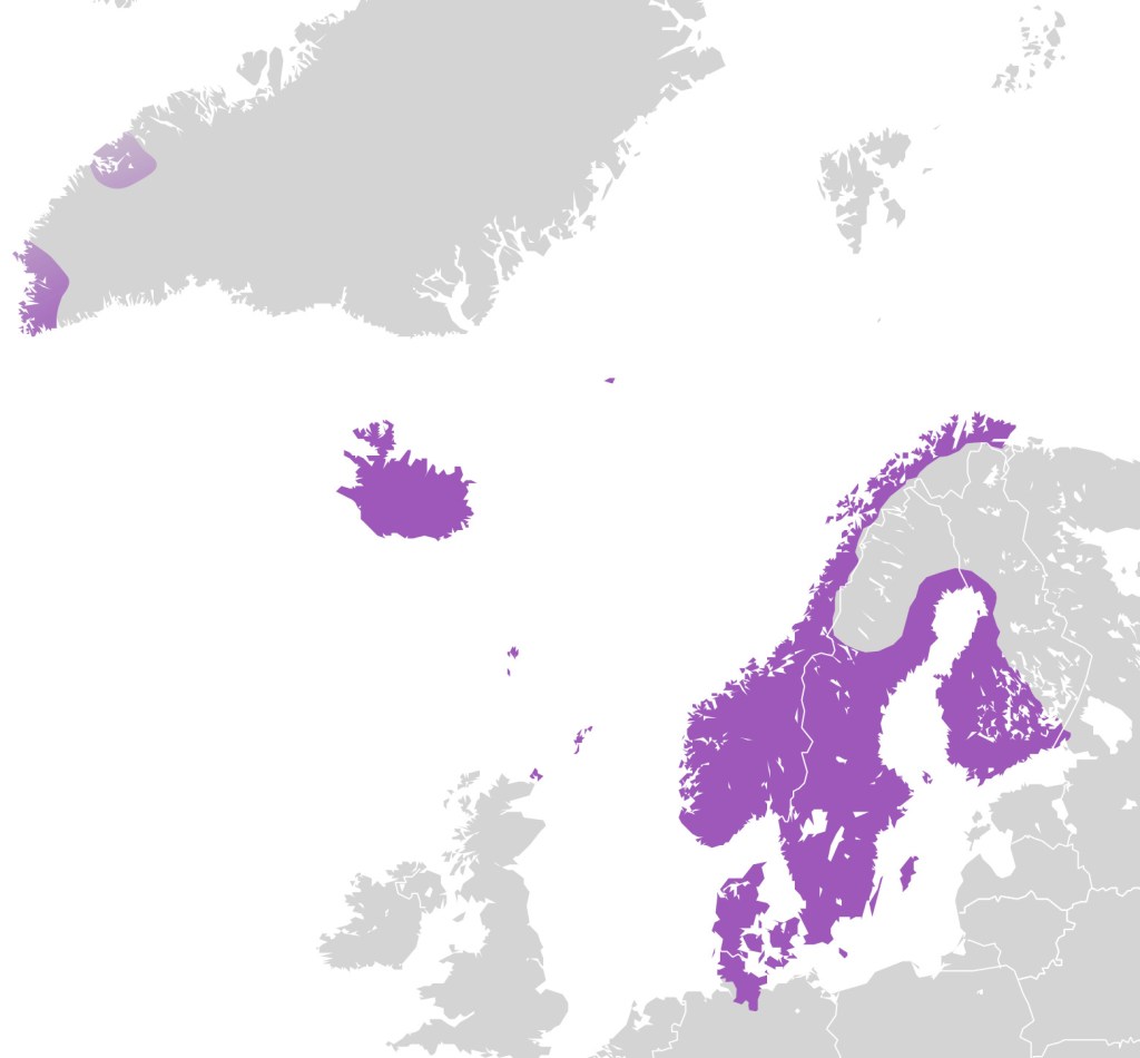 Map showing Denmark, Sweden and Norway in purple. Iceland and Finland are also included.