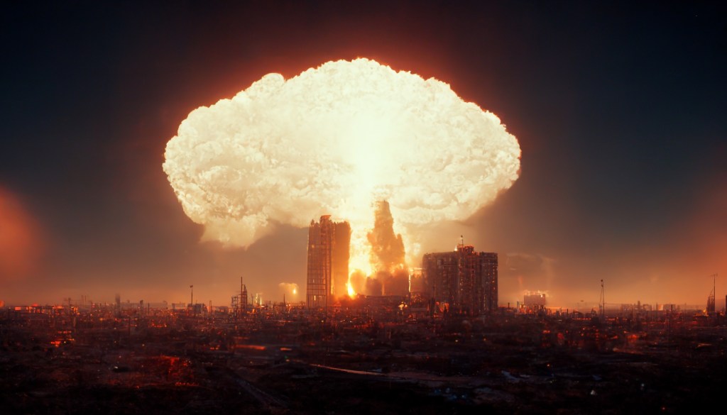 Atomic bomb explosion in a city - nuclear attack on a crowded city – 3D rendering of a mushroom cloud encompassing a city with skyscrapers | We Exploded Thousands of Nuclear Bombs