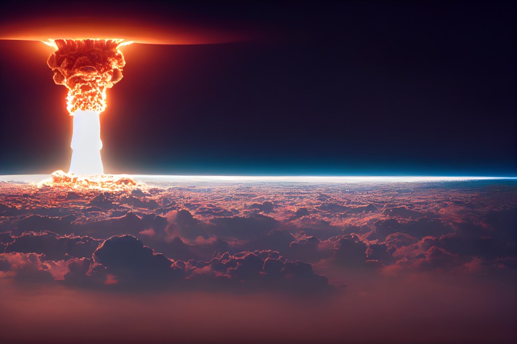 Russian Tsar Bomba mushroom cloud rising high above the clouds. High quality photo realist ( 3d make ) | We Exploded Thousands of Nuclear Bombs