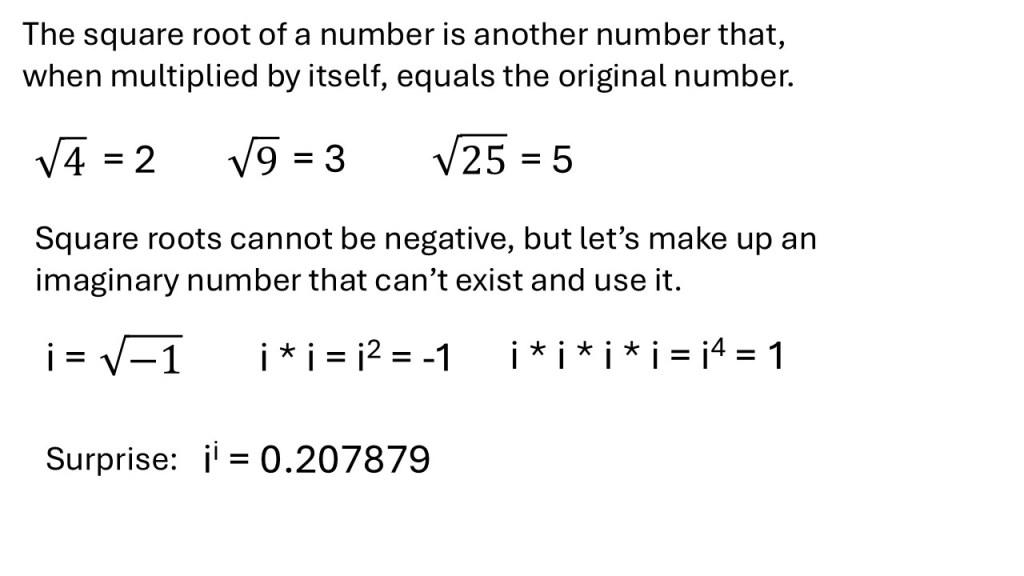 The picture features the definition of the imaginary number and an explanation for what imaginary numbers are, as well as examples.