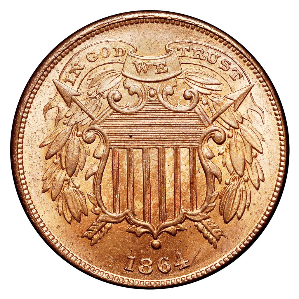 The backside of a copper colored coin featuring the text “1864” and “IN GOD WE TRUST” | Ten Money Facts