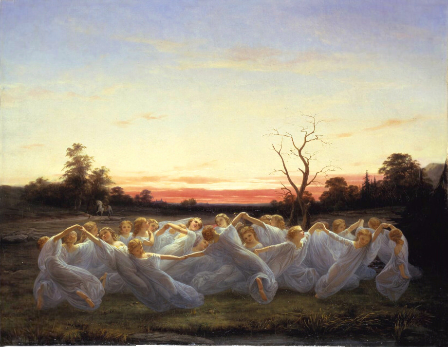 Around 20 white dressed female elves are dancing on a meadow.