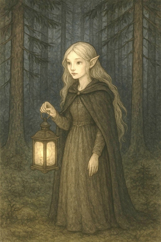 A female elf in the forest. She is holding a lantern. | Scandinavian Mythology