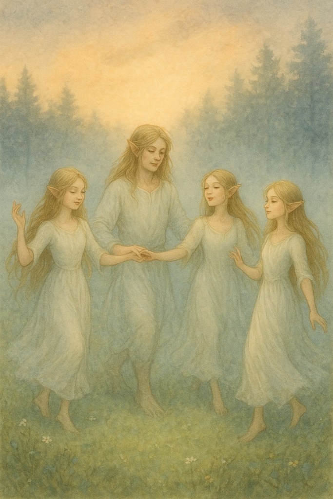 One male elf and three female elves standing in a clearing.