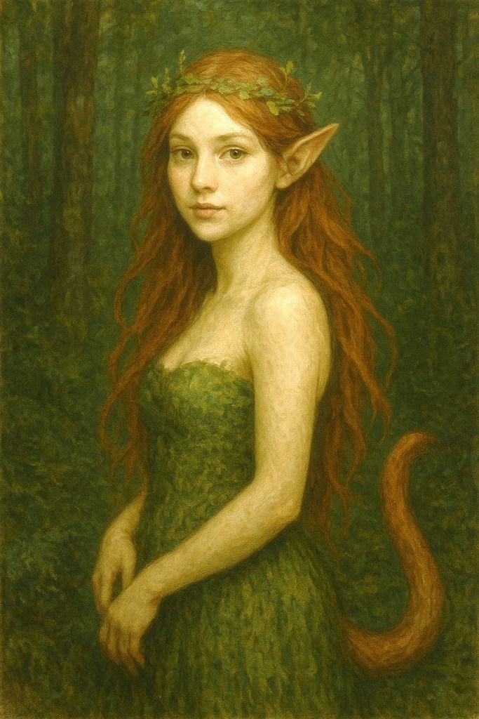 A Tallemaja with pointed ears and red hair. She is wearing a green dress, and she is standing in the forest.