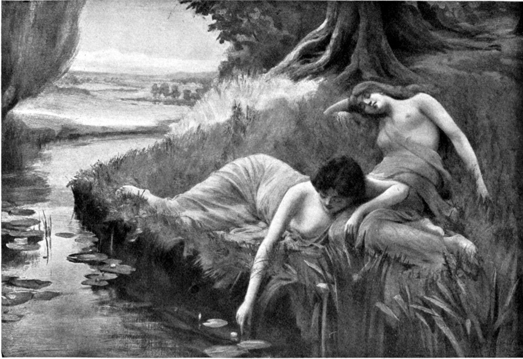 Two lightly dressed huldras / nymphs resting by a creek in the forest. | Scandinavian Mythology