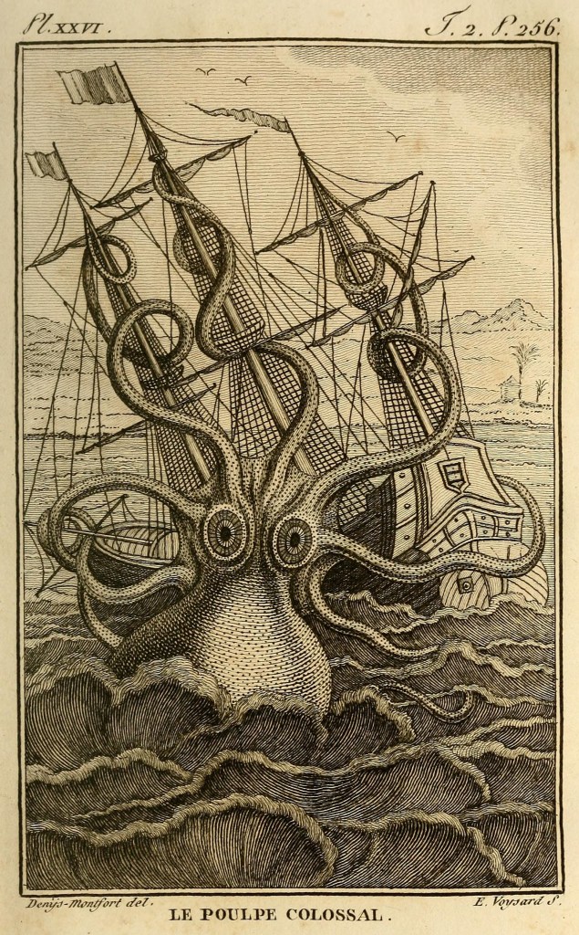 An old illustration of a giant octopus climbing all over a ship.