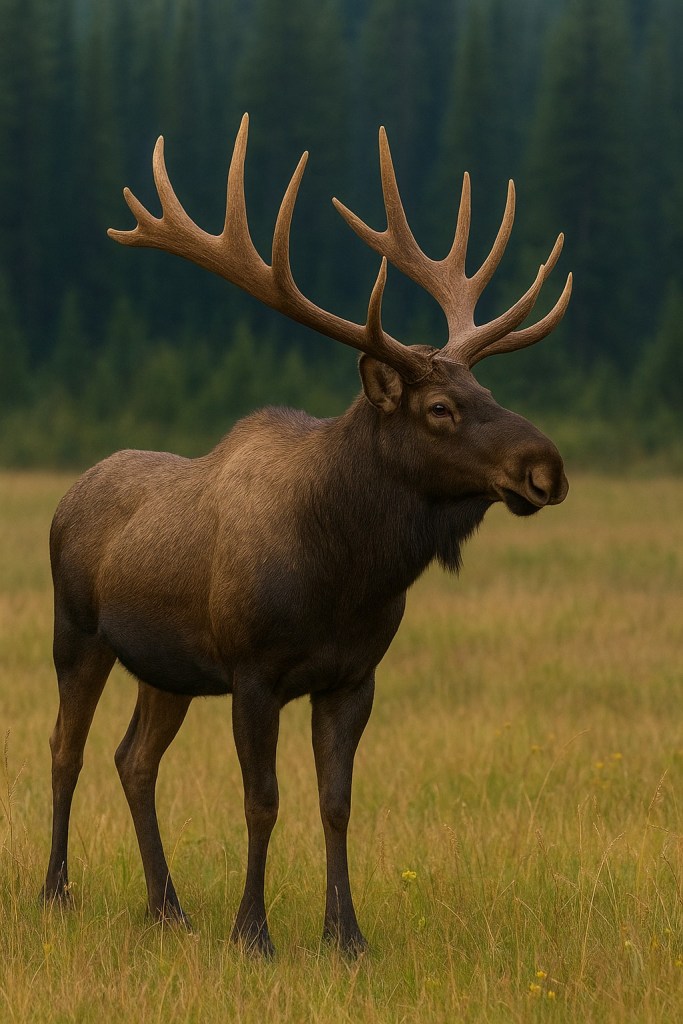ChatGPT created a picture of a Moose with Elk antlers standing in a meadow | The Moose or Elk Conundrum