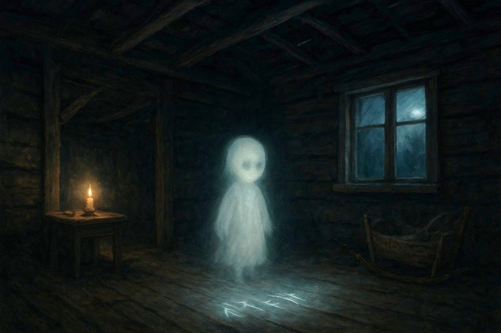 A myling in the middle of a room of a cottage. The myling looks like a small shiny ghost. It is dark in the cottage and there is a window and a candle. | Scandinavian Mythology