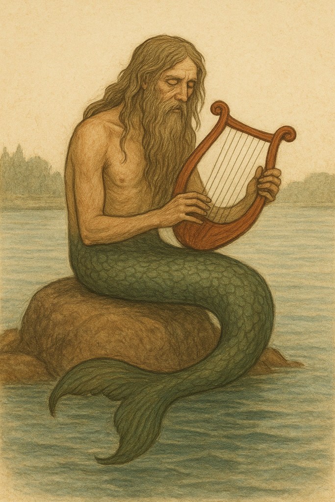 Näcken or Strömkarlen is sitting on a rock in a creek playing a harp. | Scandinavian Mythology