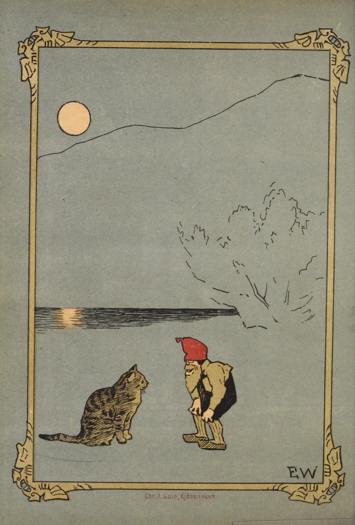 An old illustration of a Tomte conversing with a sitting cat.