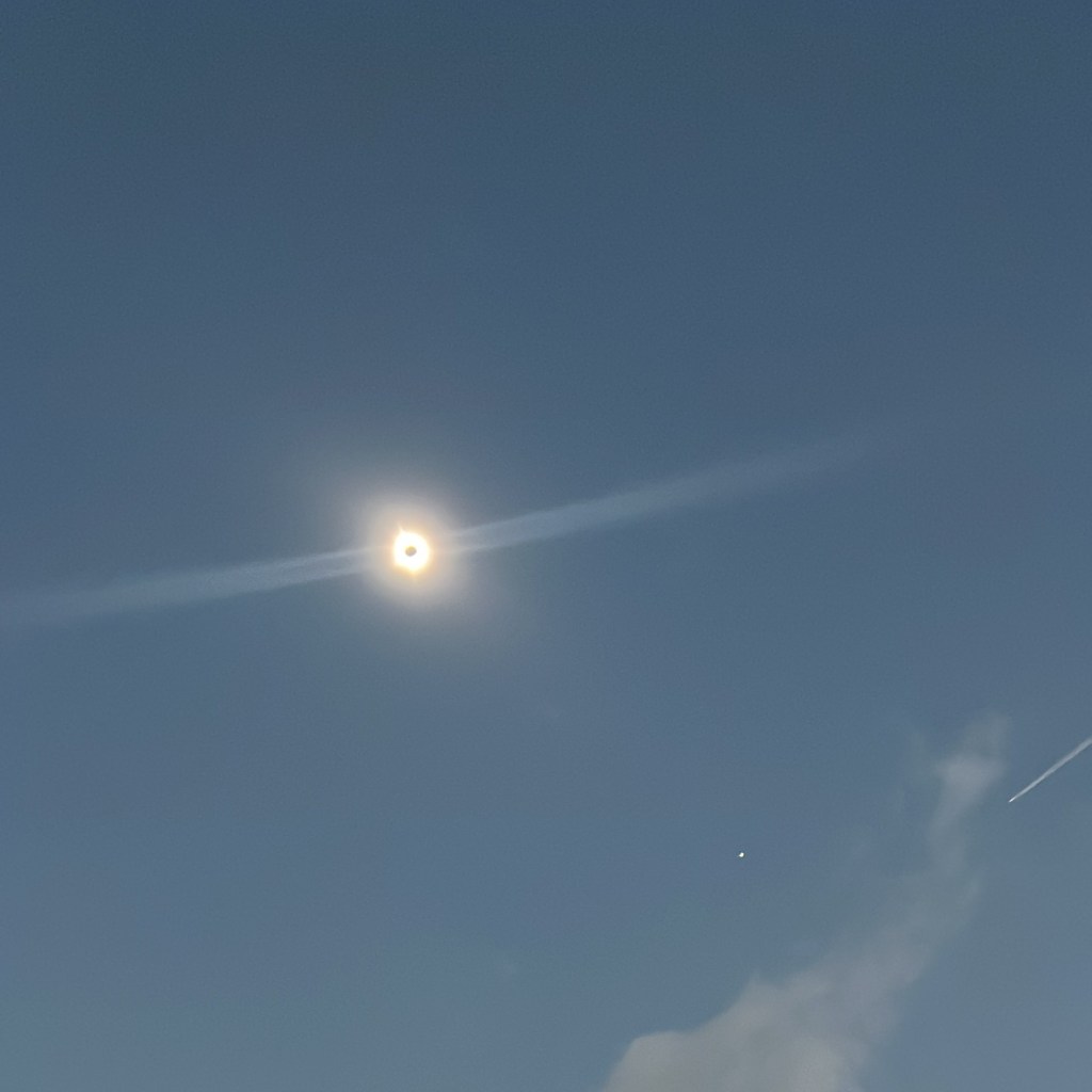 The photo shows total solar eclipse, the sun totally covered by the moon. It is very small in the photo. There is a star-like object, that’s Venus, a cloud and airplane contrail.