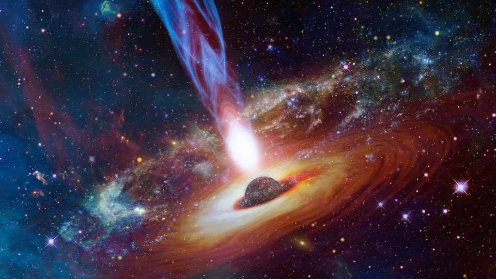 The quasar is ejecting an enormous energy beam. In the background are stars possibly being absorbed by the quasar. | The Edge of the Observable Universe is 46.5 billion Light Years Away