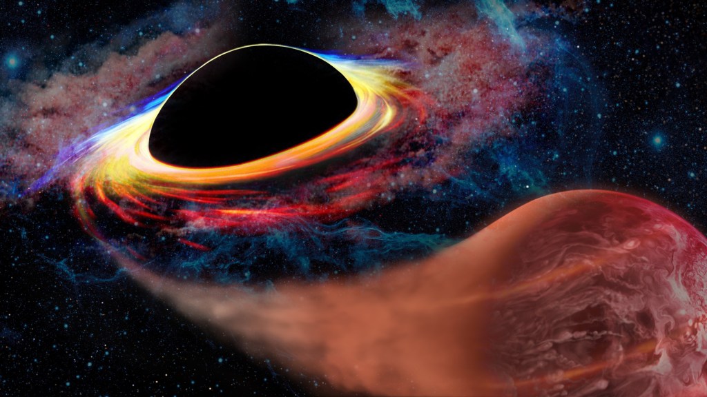 Black hole devouring a planet. The planet is on the right. It is being consumed.