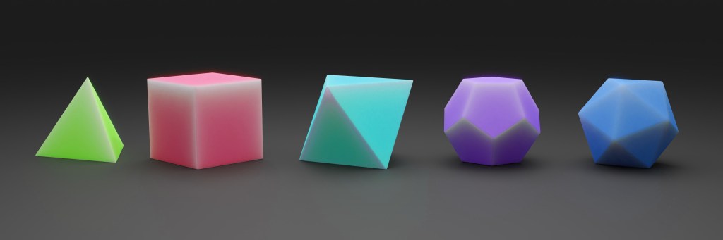 Line of colorful Platonic solids on a grey surface (polyhedra - tetrahedron, cube, octahedron, dodecahedron and icosahedron, 3d render, banner.