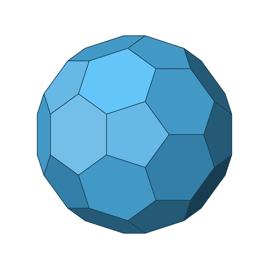 Blue truncated icosahedrons. Geometric soccer ball or football shape. Archimedean solid. Regular polygon outline with pentagonal and hexagonal faces. Blue gradient polygonal figure | Eulers Polyhedra Math Magic | Euler's Polyhedron Formula
