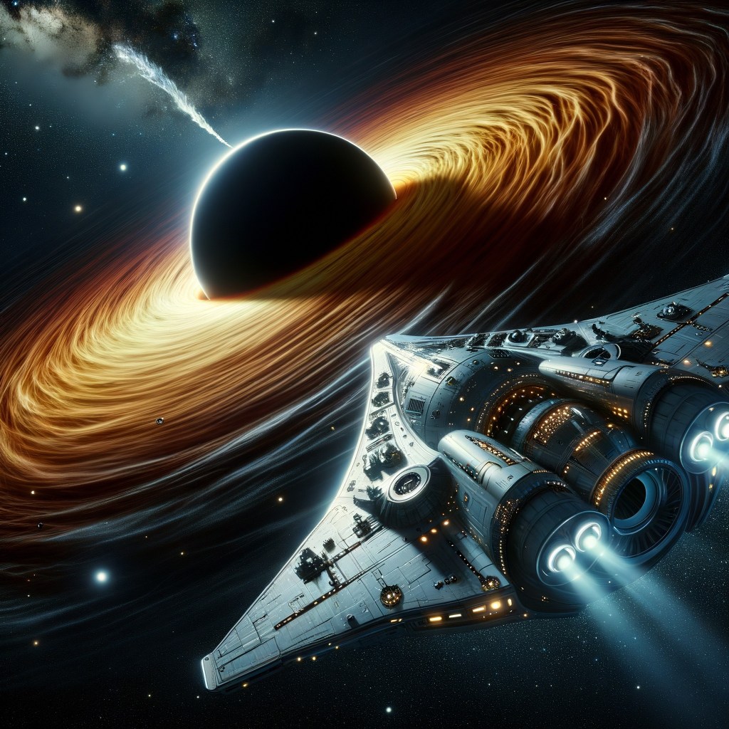 A black hole with an orange accretion disk is approached by futuristic starship. | The Edge of the Observable Universe is 46.5 billion Light Years Away