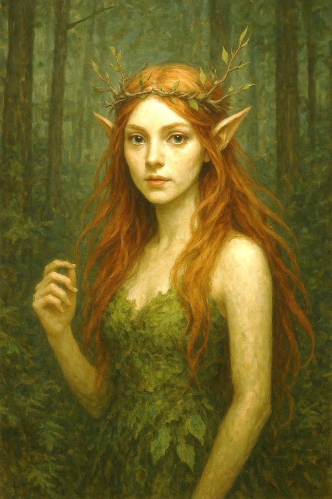 A Skogsrå with pointed ears and red hair. She is wearing a green leafy dress, a crown of leaves, and she is standing in the forest. | Scandinavian Mythology