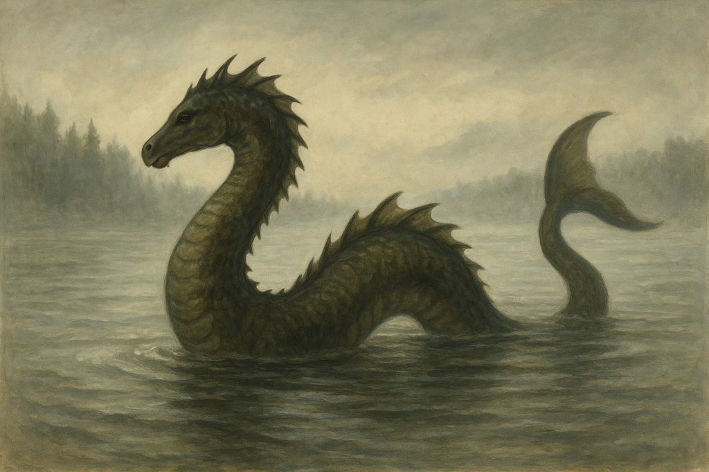 Depicted is a large sea serpent like creature with a horse like head and a fish tail. | Scandinavian Mythology