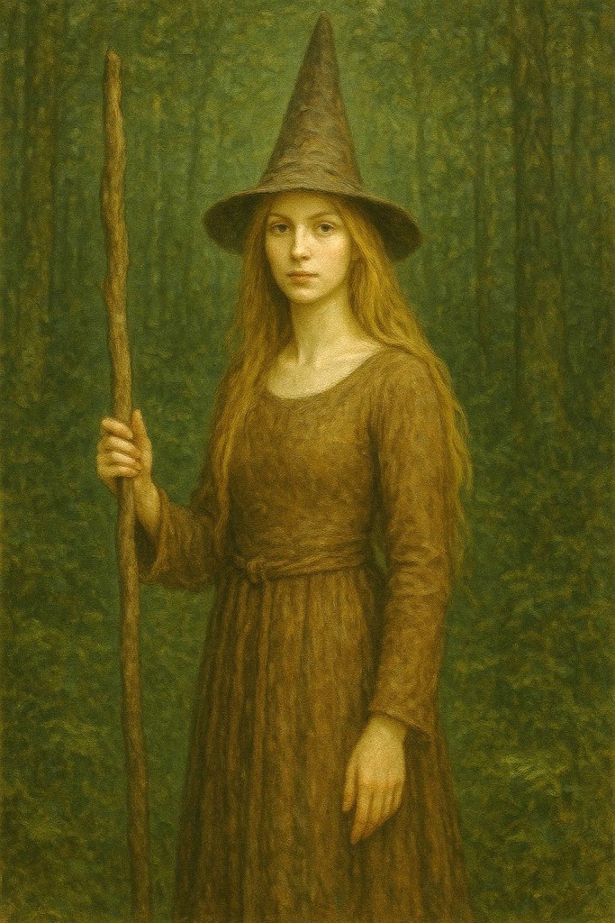 A Tallemaja with long hair. She is wearing a brown dress, a pointy hat, and she is standing in the forest.
