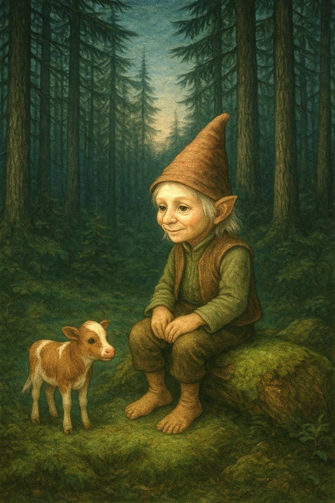 A Vitter is sitting on a log in the forest and baby cow is standing in front of him.