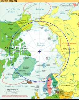 Partial map of the northern hemisphere focused on the polar circle.
