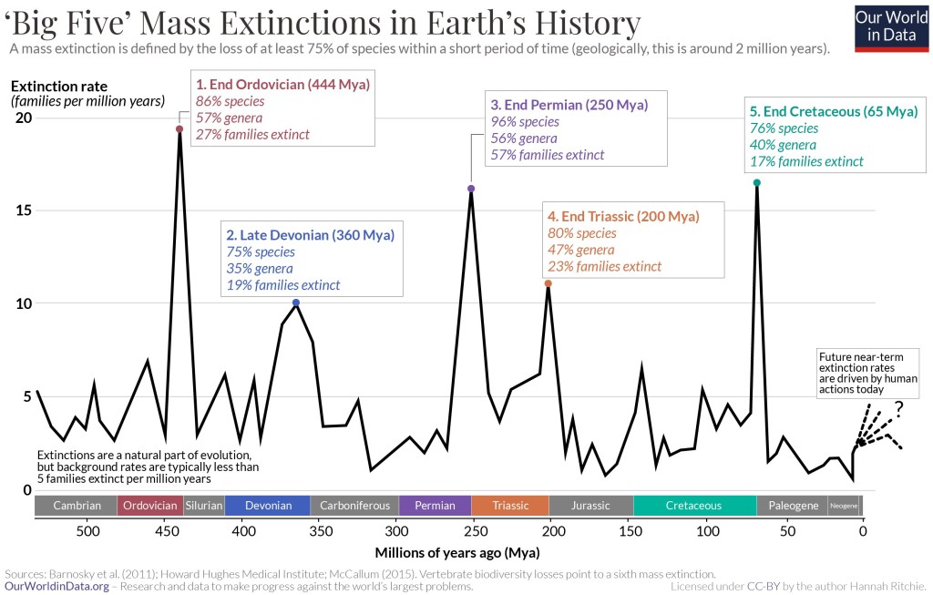 The graph shows extinction rates going up and down with five tall peaks representing mass extinction events.