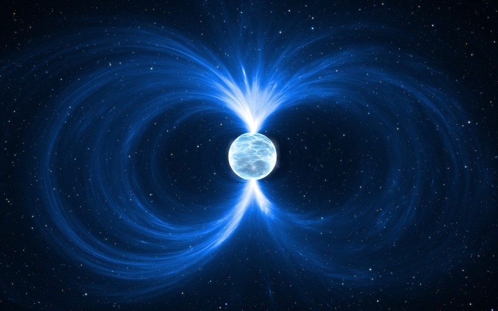 A bluish neutron star surrounded by impressive looking fields.