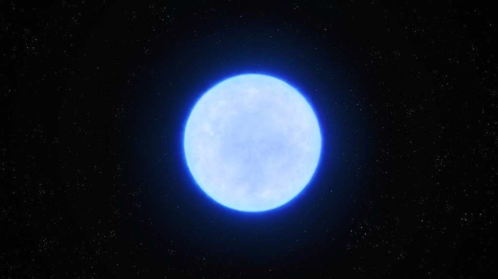 A bright blue spherical neutron star on the background of the night sky.