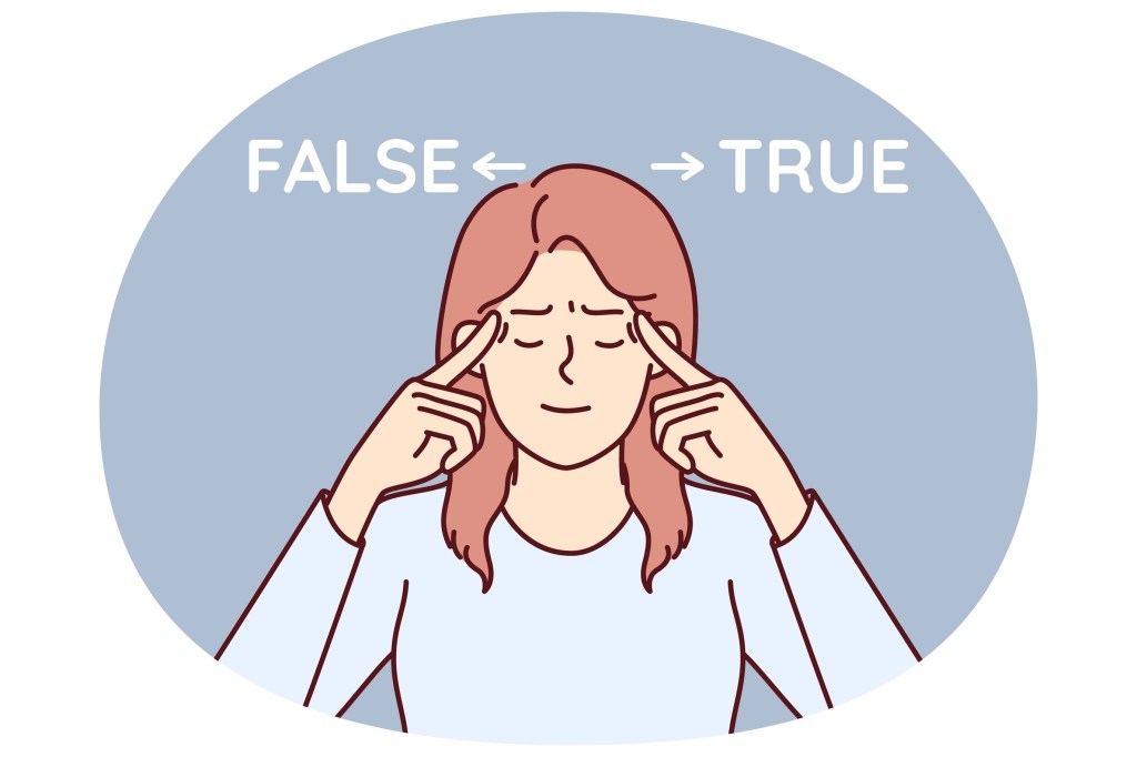 Woman near inscriptions false and true reflects trying to choose from two options and make difficult decision. Woman put fingers on temples and closed eyes considering pros and cons fateful decision.