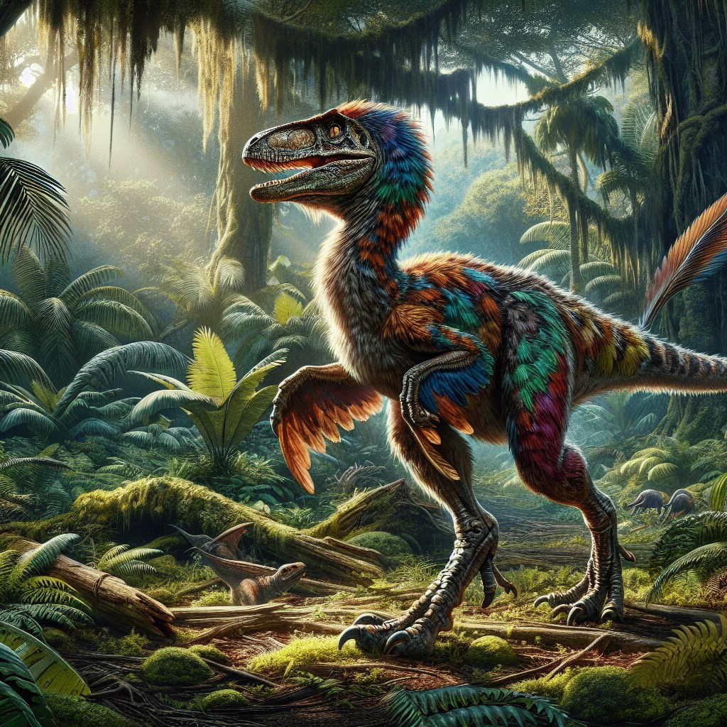 A colorful velociraptor covered in feather. It does not look like it could fly.