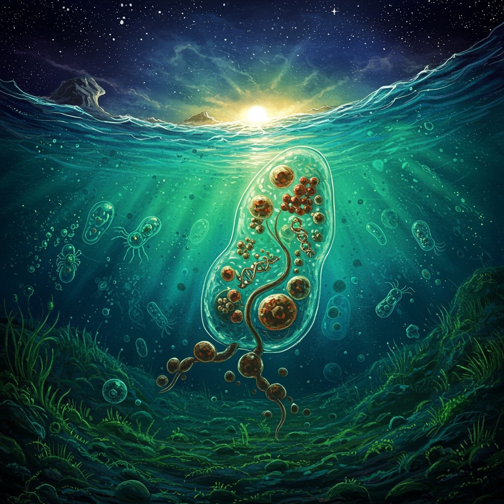 This AI generated image shows a cell in an ocean and in the background, there are hundreds of other cells or possible life structures.