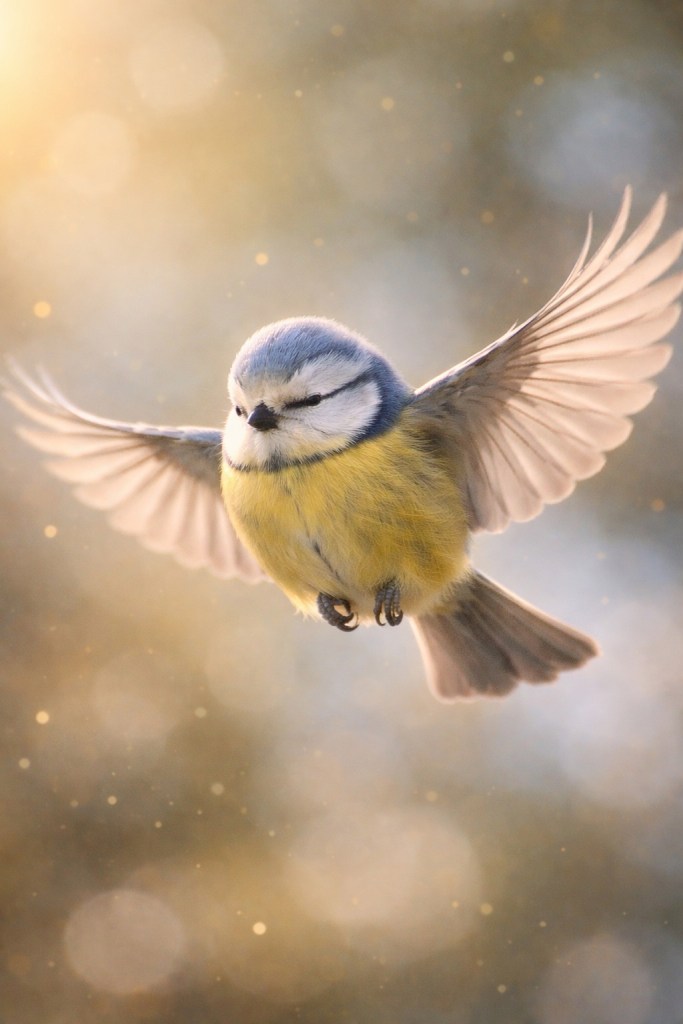 Tweety bird flying with eyes closed