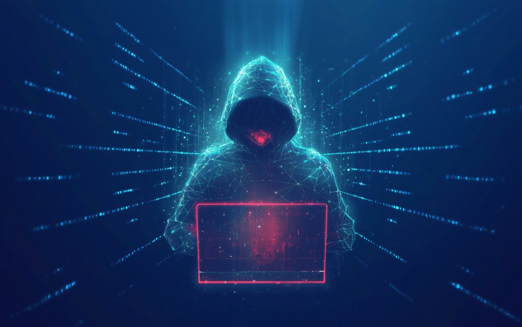 Digital AI Technology Concept. An abstract illustration of a hooded hacker working on a laptop, symbolizing cybercrime, security threats, and the dark side of the digital world. Generative AI Content.