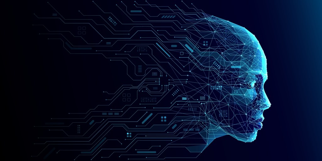 AI Humanoid Face Concept. Technology Digital Robot Head Side View with Circuit Board Components. Tech Blue Background. Artificial Intelligence Agent or Assistant Concept. Vector Digital Illustration.