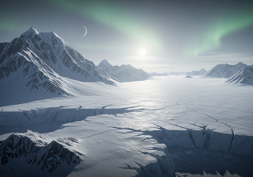 Mountains covered by ice and snow and valleys covered by a thick ice sheet.